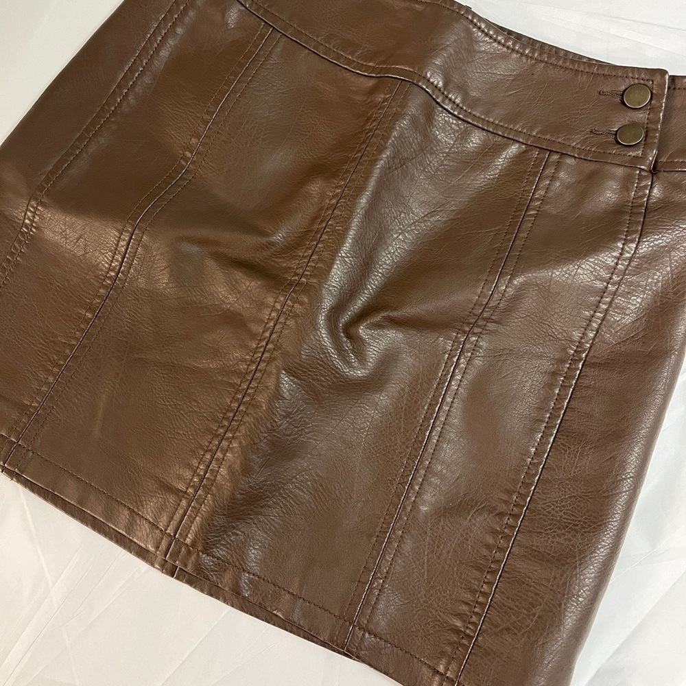 Free People Chocolate Brown Faux Leather Mini Skirt with Front Panel Seams 4